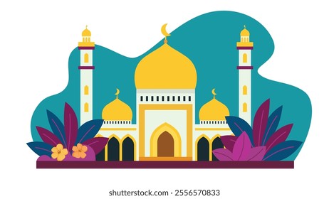 Flat Design Illustration of Golden Islamic Mosque Heritage Building with Floral Plant in Blue Sky