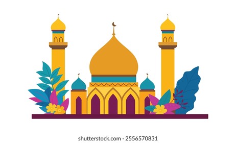 Flat Design Illustration of Golden Luxury Islamic Mosque Heritage Building with Floral Plant