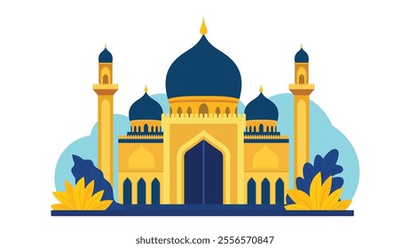 Flat Design Illustration of Golden Luxury Islamic Mosque Heritage Building with Floral Plant