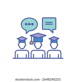 Flat design illustration of graduates discussing ideas and sharing information. Light blue and purple color scheme with bold outlines on White Background.
