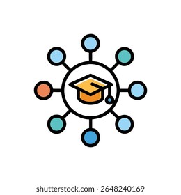 Flat design illustration of a graduation cap surrounded by spheres. Circular arrangement style with an academic education theme. White Background.