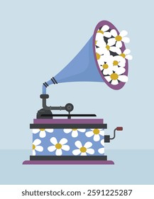  Flat Design Illustration with Gramophone and Daisy