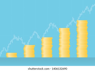 Flat design illustration of graph made of gold coins with growing trend and candle chart in the background - vector