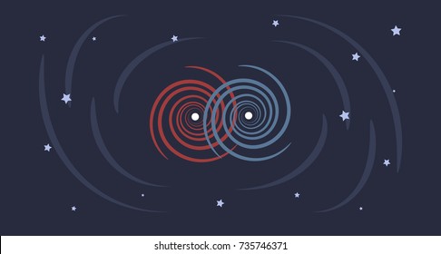 A flat design illustration of Gravitational Waves being produced by merging heavy space bodies as Black Holes or Neutron Stars