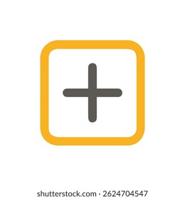 A flat design illustration of a gray plus sign inside a golden square against a White Background.
