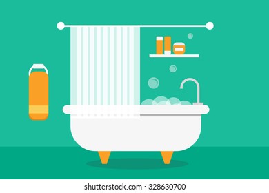 Flat design illustration of green bathroom. Flat design room interior.