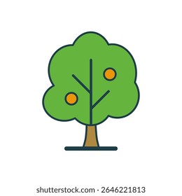 Flat Design Illustration of Green Fruit Tree with Brown Trunk and Two Small Orange Fruits