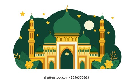 Flat Design Illustration of Green Islamic Mosque Heritage Building with Floral and Moon at Night