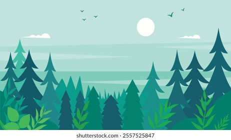 Flat Design Illustration of Green Pine Trees Adventure Nature Landscape in Forest