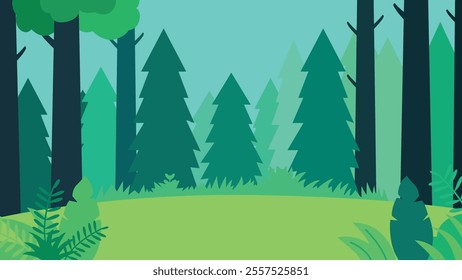 Flat Design Illustration of Green Pine Trees Adventure Nature Landscape in Forest