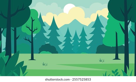 Flat Design Illustration of Green Pine Trees Mountain View in Jungle with Sun in the Sky