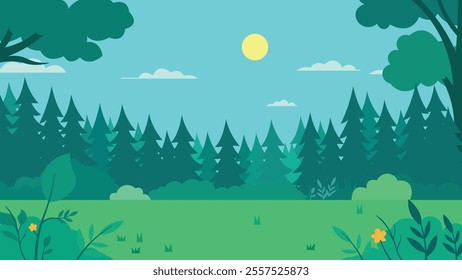 Flat Design Illustration of Green Pine Trees Nature View in Forest with Sun in the Sky