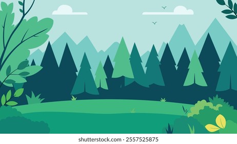 Flat Design Illustration of Green Pine Trees Adventure Nature Landscape in Forest