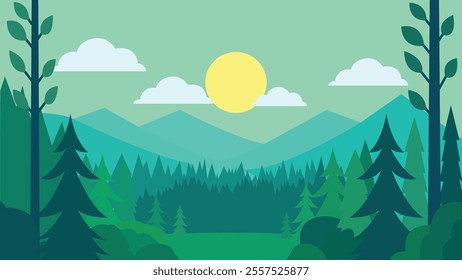 Flat Design Illustration of Green Pine Trees Mountain View in Jungle with Sun in the Sky