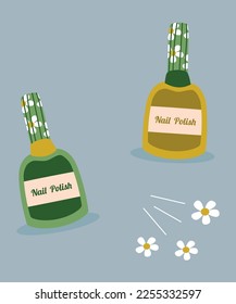 Flat Design Illustration with Green, Yellow Nail Polish in a Daisy Flowers Bottle Pattern
