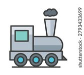 A flat design illustration of a grey and blue steam locomotive engine with smoke coming out of its chimney.