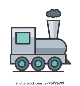 A flat design illustration of a grey and blue steam locomotive engine with smoke coming out of its chimney.