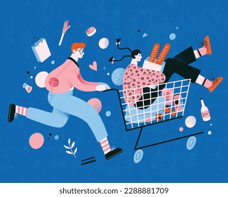 Flat design illustration of grocery shopping couple. Young boy pushing a shopping cart with the girl sitting inside carrying groceries.