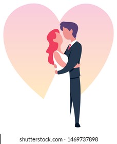 Flat design illustration of groom and bride holding each other.