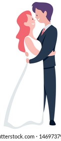 Flat design illustration of groom and bride holding each other over white background.