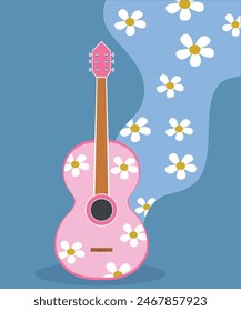 Flat Design Illustration with Guitar and Daisy Background