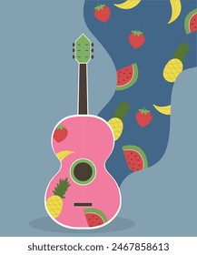  Flat Design Illustration with Guitar and Fruits Background