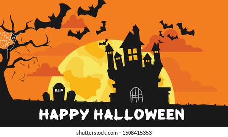 Flat Design Illustration of Halloween without pumpkins and dark castle on orange Moon background. This illustration make people feel creepy and scary