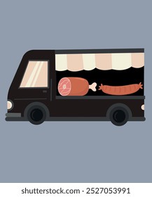 Flat Design Illustration with Ham, Sausage at Truck Shop