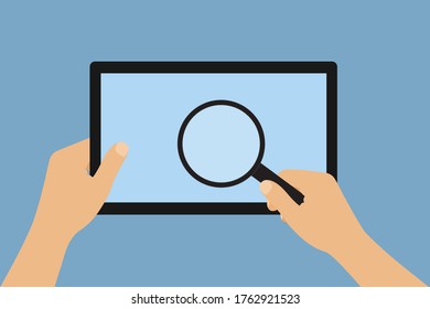 Ilustración de diseño plano de la tableta de pantalla táctil y la lupa de la mano. Aislado en fondo azul - vector