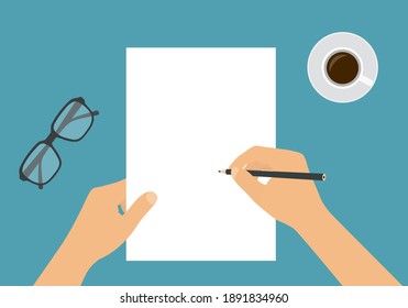Flat design illustration of hand holding blank white sheet of paper and pencil. Drawing or writing with space for your text - vector