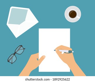 Flat design illustration of a hand holding a ballpoint pen and writing on a blank sheet of paper. Open white envelope and letter with space for your text - vector