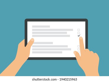 Illustration à plat du dessin de la main tenant un téléphone portable à écran blanc vierge. Robinets Forefinger sur écran tactile - image vectorielle