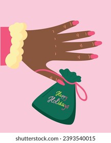  Flat Design Illustration with Hand Holding Happy Holidays Bag