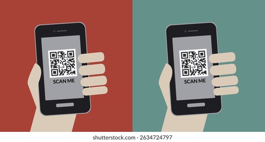 Ilustração de design plano de uma mão segurando um smartphone com um código QR e mensagem "Scan Me". Perfeito para marketing digital, sistemas de pagamento ou visuais de aplicativos móveis.