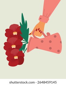 Flat Design Illustration with Hand Holding Canglover at Watering Can