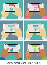 Flat design illustration with hand holding mobile device with an application
