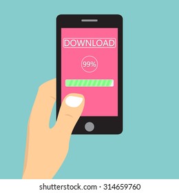 Flat design illustration with hand holding mobile device with downloading application / vector