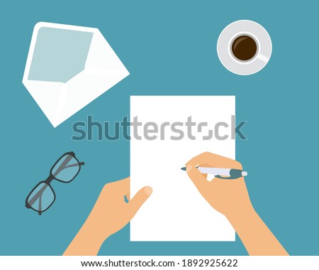 Flat design illustration of a hand holding a ballpoint pen and writing on a blank sheet of paper. Open white envelope and letter with space for your text - vector