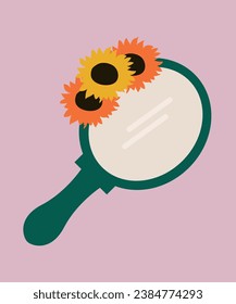  Flat Design Illustration with Hand Mirror and Sunflowers