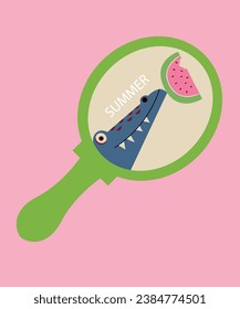 Flat Design Illustration with Hand Mirror and Summer,Crocodile,Watermelon