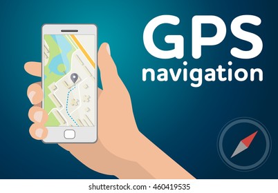 Flat design illustration Hand with mobile smartphone gps navigation map