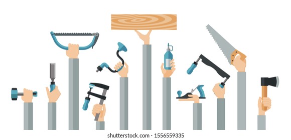 Flat design illustration of hands holding carpentry tools. Vector illustration set of master tools for wood.