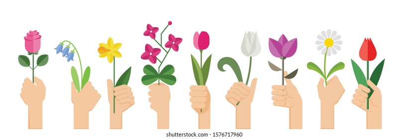 Ilustración de diseño plano de las manos sosteniendo varias flores. Manos con rosa, tulipán, orquídea, espatifilo, campanas floridas, bellis perennis, flores de bombilla.