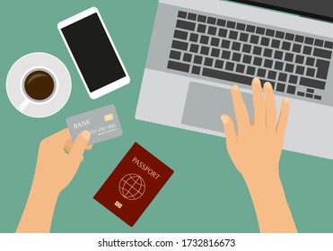 Flat design illustration of hands holding a credit card. Laptop and passport on table with cup of coffee and smartphone - vector