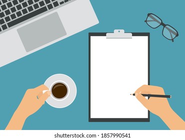 Flat design illustration of hands holding a pencil and a cup of coffee. Work desk with laptop and glasses. Worker writes on a white sheet of paper - vector