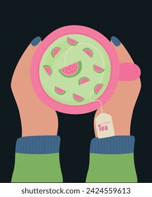 Flache Design-Illustration bei Händen, die Tasse Tee mit Wassermelonen-Geschmack halten