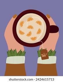 Flache Design-Illustration bei Händen, die Tasse Tee mit Orangengeschmack halten