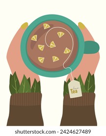 Ilustración de diseño plano en las manos sosteniendo la taza de té con sabor a limón