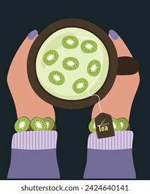 Flat Design Illustration at Hands Holding Cup of Tea with Kiwi Taste