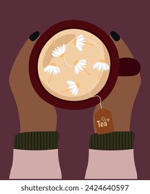 Flat Design Illustration at Hands Holding Cup of Tea with Daisy Taste